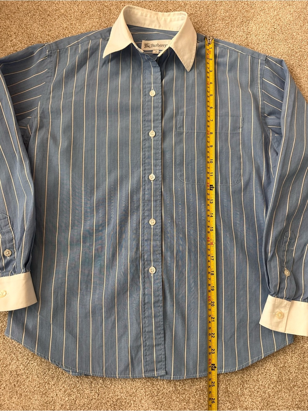 Vintage Burberrys Blue Pinstripe Button Down Shirt Contrast Collar Size 2 - Picture 7 of 11
